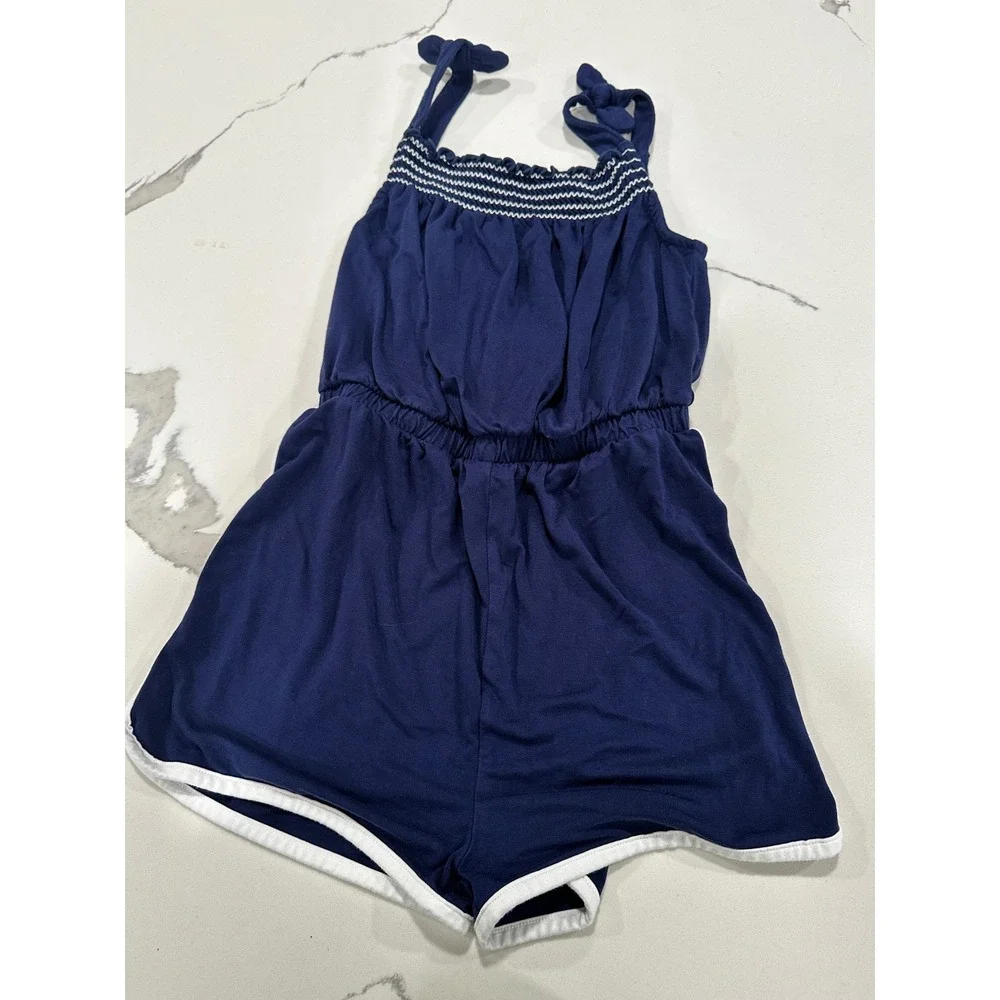 Little Sleepies Play‎ Soluxe Navy Blue Bamboo Smocked Tie Shoulder Romper Kids 8